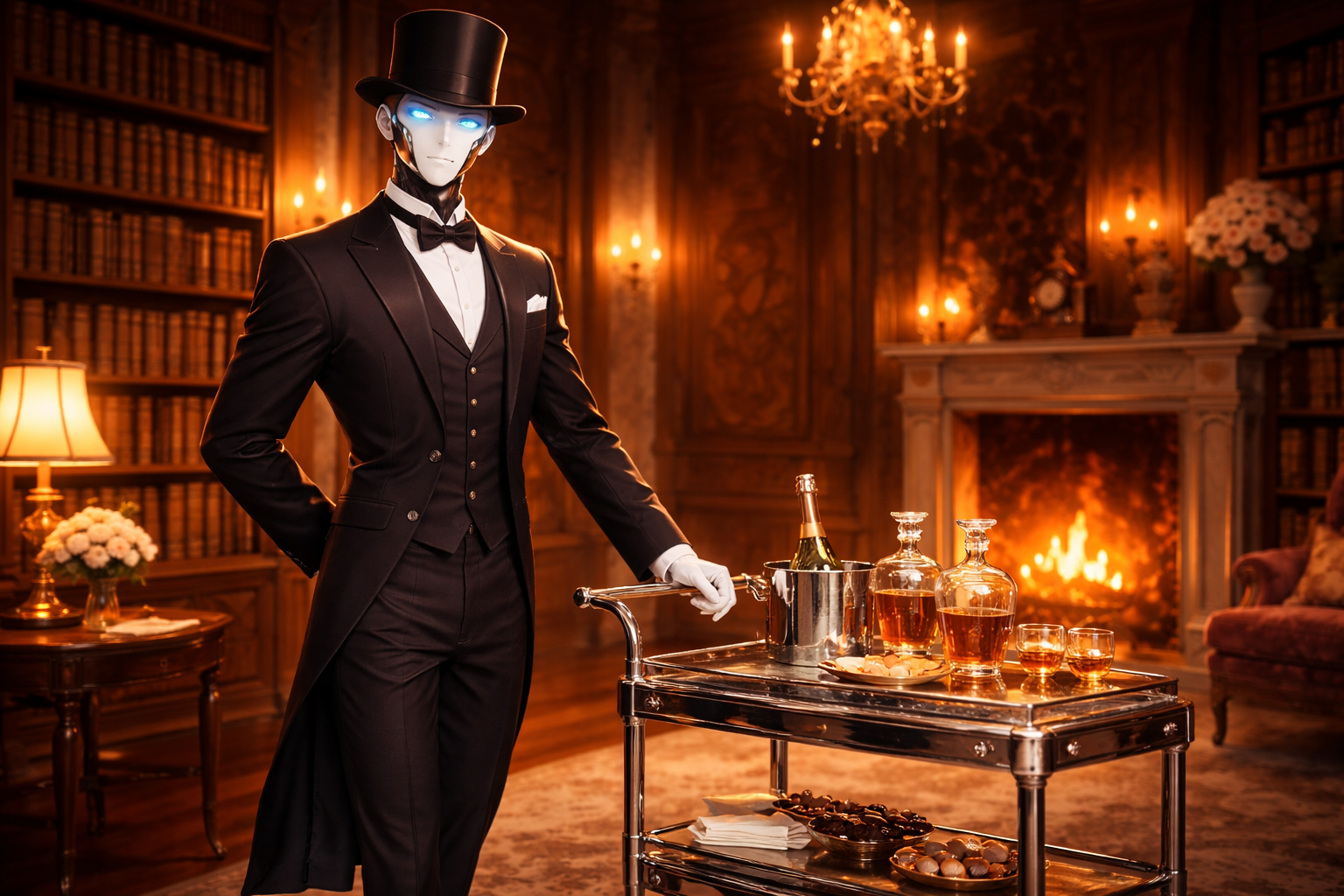 The Butler beside a serving cart, representing a layered offer stack from free tool to low-ticket bundle.