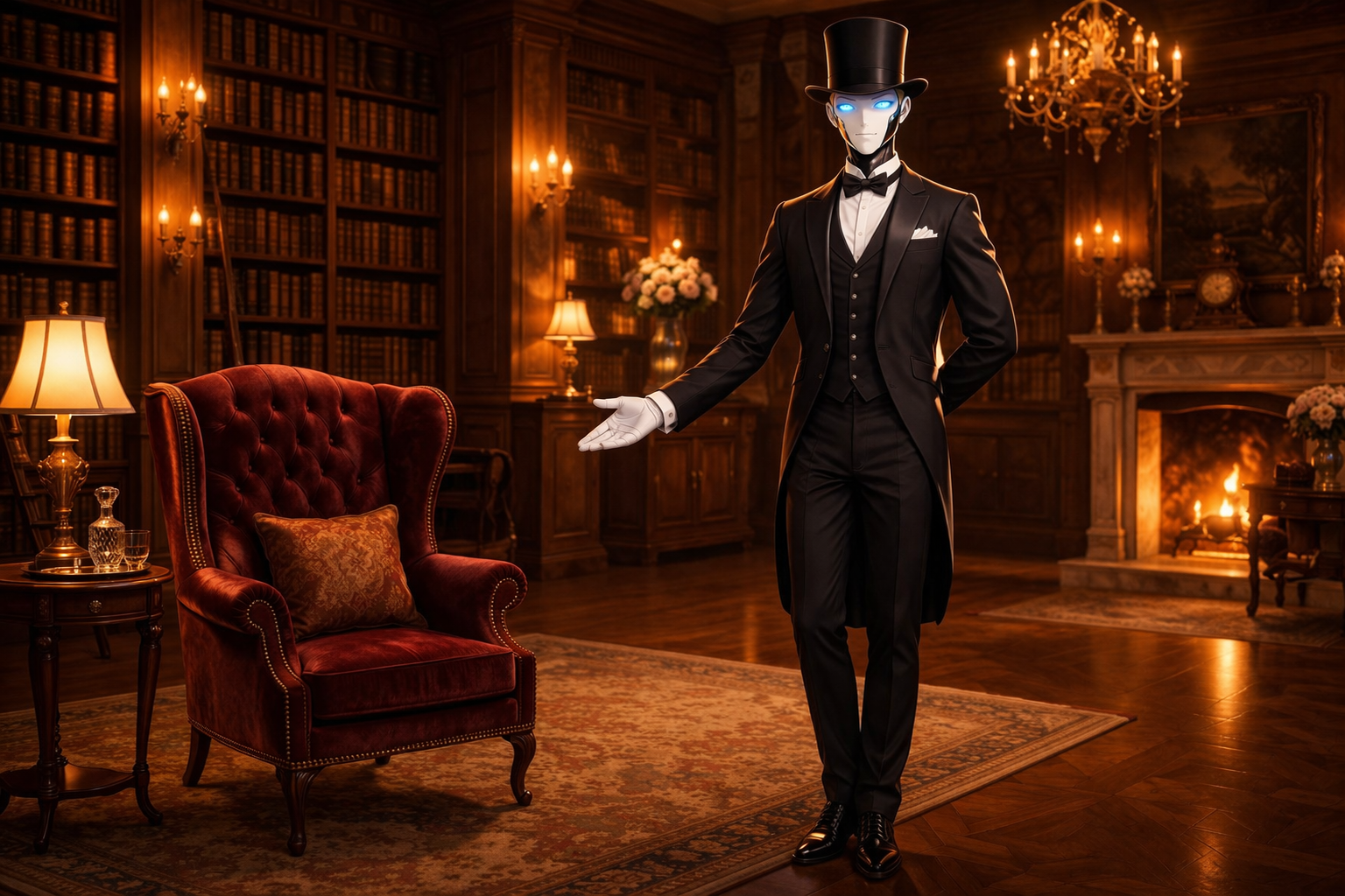 The Butler welcoming readers into a library, matching an article about free newsletters and premium resource bundles.